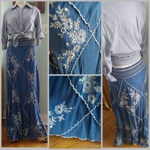 Anthro Meadow Rue Ping Blue Embroidered Maxi Skirt